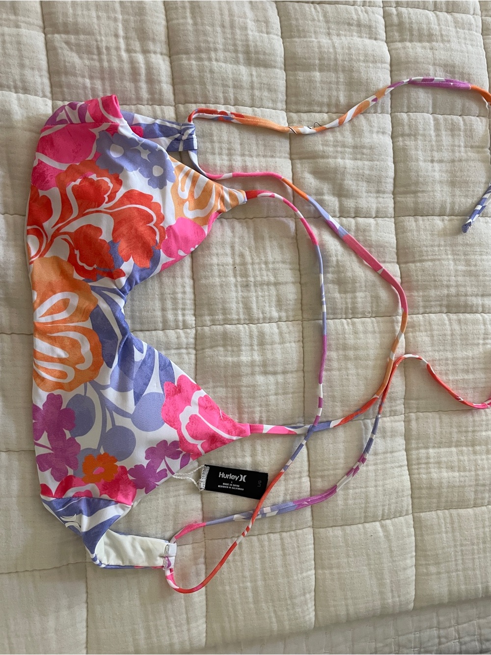 Hurley White Bikini Top with Pink Orange Purple Floral Straps